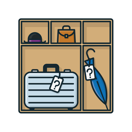 Shelf with suitcase, umbrella, hat and handbag isolated vector illustration for Lost and Found Day on December 10のイラスト素材