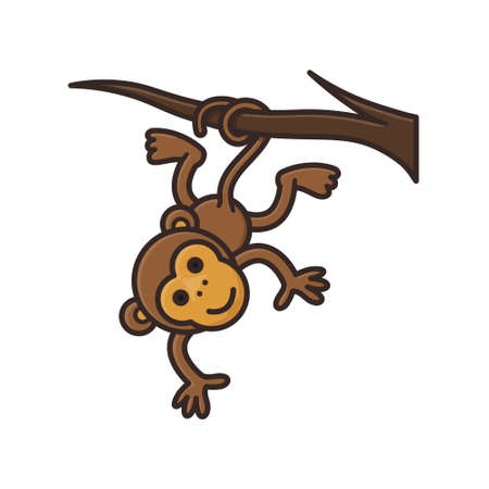 Monkey cartoon character hanging from a branch with his tail isolated vector illustration for Monkey Day on December 14のイラスト素材