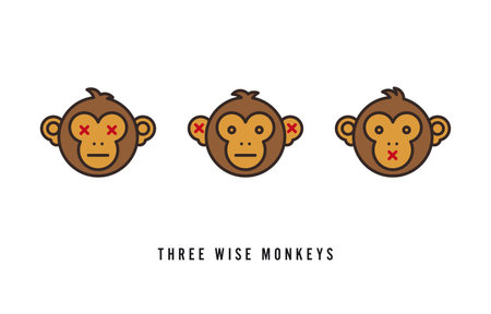 Three Wise Monkeys minimalist vector illustration. Monkey face icons depicting japanese maxim.のイラスト素材