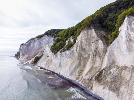 Chalk cliffs on the eastern cost of Danish Baltic Sea island MÃ¸n, aerial viewの写真素材