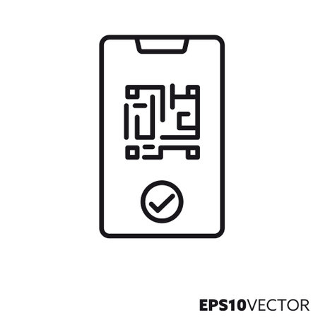 Digital vaccination certificate line icon. Outline symbol of QR code on smartphone display. Health care and medicine concept flat vector illustration.のイラスト素材