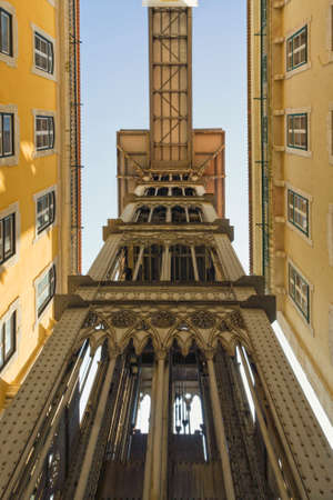 Santa Justa Lift at Lisbon, Portugal, view from the ground station upwardsの写真素材