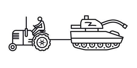 Ukrainian farmer on tractor towing damaged Russian tank vector illustrationのイラスト素材