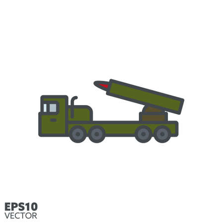 Missile launcher truck vector filled line icon. Military rocket launch vehicle color icon.のイラスト素材