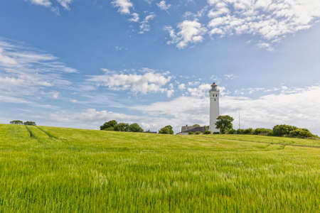 Keldsnor Fyr, lighthouse surrounded by green fields in the south of Langeland, Denmark.の写真素材