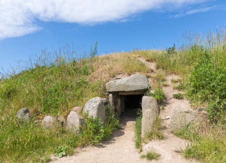 Entrance to the neolithic Hulbjerg Passage Grave on Danish Baltic Sea island of Langelandの写真素材
