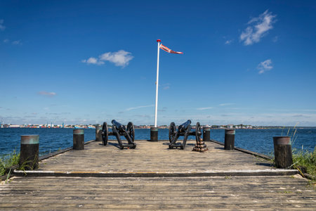Monument with cannons and cannonballs for First Schleswig War at Strib, Funen, Denmarkの写真素材