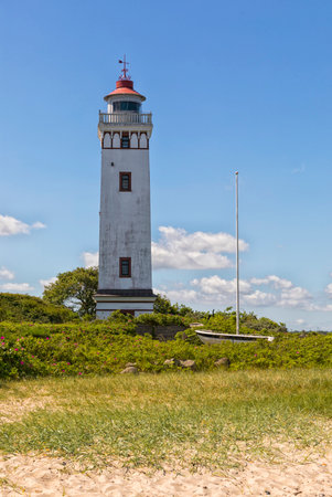 Strib Fyr, lighthouse at Middelfart on the Little Belt coast of Funen, Denmarkの写真素材
