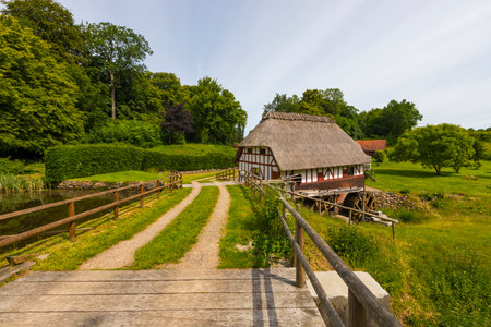 Historic half-timbered watermill with thatched roof at Vejstrup, Funen, Denmarkのeditorial素材