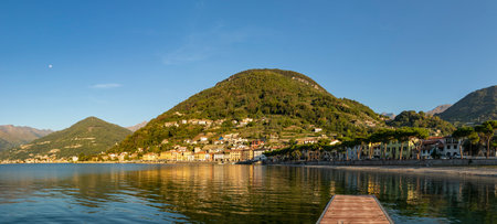 Panoramic view of Domaso, Lake Como, Italy, at dawnの写真素材