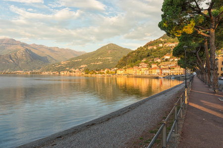 Lake Como at Dawn, view from the boardwalk of Domaso along the lakesideの写真素材