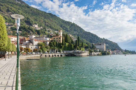 Town of Gravedona ed Uniti on Lake Como with boardwalk and Palazo Gallioの写真素材