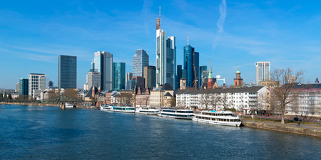 Panoramic view of Frankfurt am Main with scyscrapers at the financial district and excursion boats on the riverのeditorial素材
