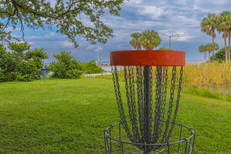 Frisbee Golf Net Picnic Island Park City of Tampa Bay Florida USA. A recreation vacation location in Florida that is beachfront.の写真素材