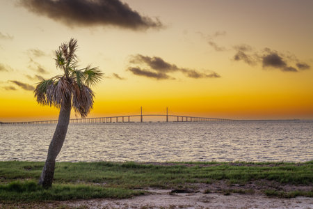 A glorious orange sunrise at Fort DeSoto Park Pinellas Tampa Bay Florida USA September 2024の写真素材