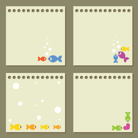 Four note papers with colorful fishes.のイラスト素材