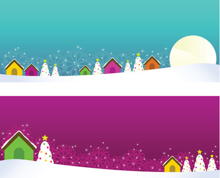Christmas banners with houses and christmas trees のイラスト素材