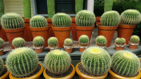 There are cacti planted in flower pots.