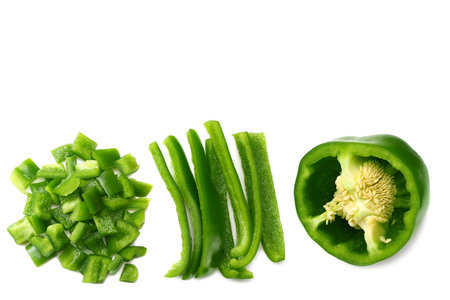 green sweet bell pepper with slices isolated on white background top viewの写真素材