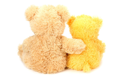 Two toy teddy bears isolated on white backgroundの写真素材