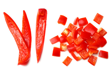 cut slices of red sweet bell pepper isolated on white background top viewの写真素材