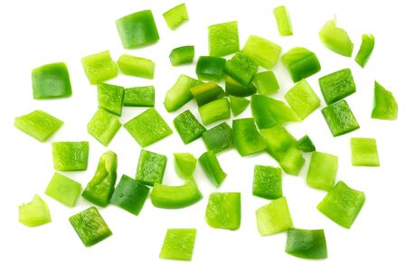cut slices of green sweet bell pepper isolated on white background top viewの写真素材