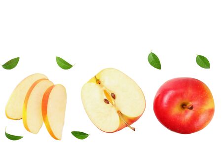 red apples with slices and green leaves isolated on a white background. top viewの写真素材