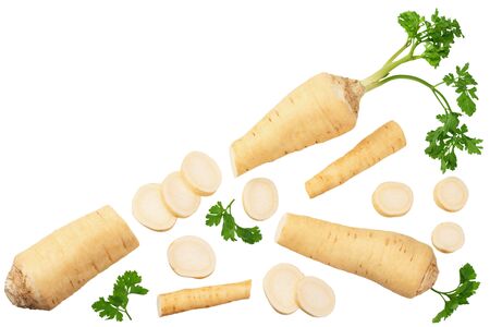 fresh parsley root with slices and parsley isolated on white background. top viewの写真素材