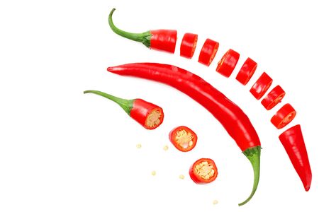 red hot chili peppers with slices isolated on white background. top viewの写真素材