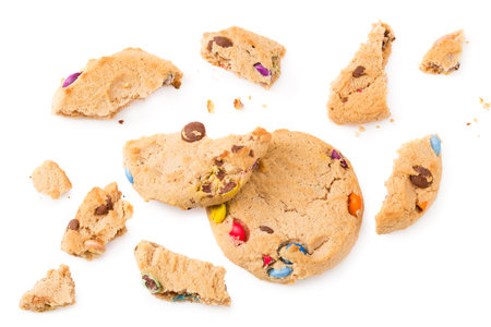 Chocolate chip cookies isolated on white background. Sweet biscuits. top view