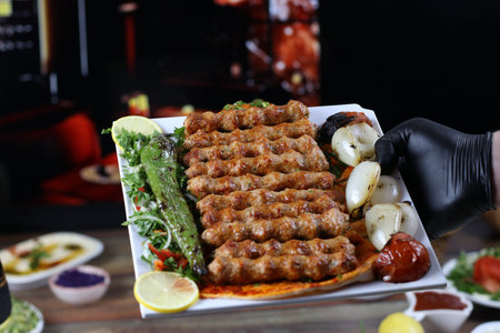 Holding Skewered Chicken Kebab Serving Dish with Garnishes and Grilled Vegetables - Fancy Dinners 2