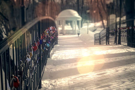 Romantic love padlocks hanging from the railing of the bridge.の写真素材