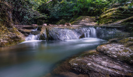 Scenic look on rapids of the waterfall in the Dzykhrinskoye gorge with lush green and trees behind. Water basin and rocks at the foot of the waterfall. Travel, hiking Adler microdistrict, Russia.の写真素材