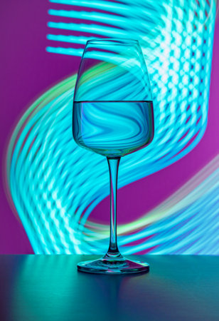 Elegant crystal glass filled with pure water on a purple background painted with blue light. Light reflections and refractions, light streaks, party atmosphere, lifestyle, abstract.の写真素材