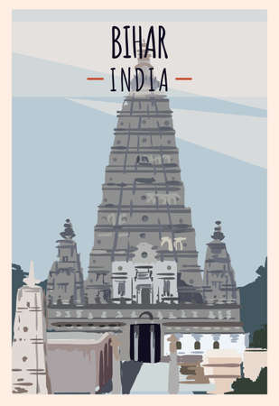 Bihar retro poster. Bihar travel illustration. States of India greeting card. Mahabodhi Temple complex.のイラスト素材