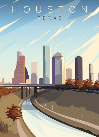 Houston modern vector poster. Houston, Texas landscape illustration.Top 20 most populated cities of the USA.のイラスト素材