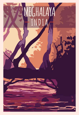 Meghalaya retro poster. Meghalaya travel illustration. States of Indiaのイラスト素材