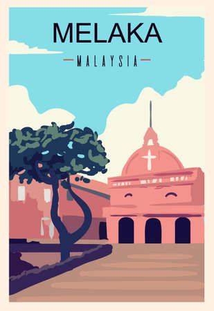 Melaka retro poster. Melaka travel illustration. States of Malaysia greeting card.のイラスト素材