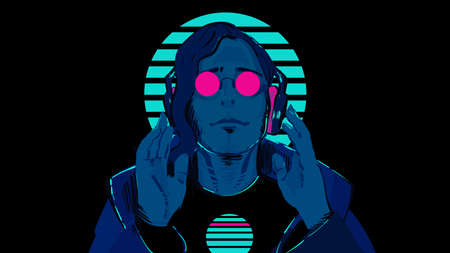 A guy with blue skin in pink, round glasses against a striped neon circle is listening to music in stereo headphones. Illustration of a sci-fi retro wave 80's on a black background.のイラスト素材
