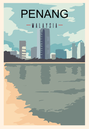 Penang retro poster. Penang travel illustration. States of Malaysia greeting card.のイラスト素材