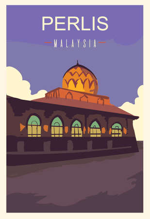 Perlis retro poster. Perlis travel illustration. States of Malaysia greeting card.のイラスト素材