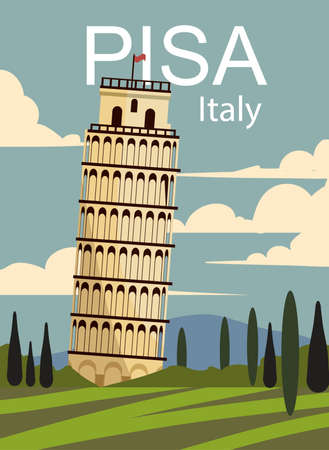 Pisa retro poster. Vector landscape with Leaning Tower.のイラスト素材