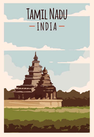 Tamil Nadu retro poster. Tamil-Nadu travel illustration. States of India greeting card.のイラスト素材