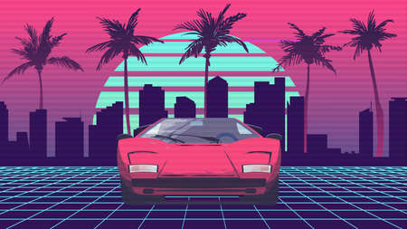 Retro future 80s style sport, supercar on the background of the city and palm trees with blue sun on a striped background. sci-fi night with red sport car on neon grid.のイラスト素材