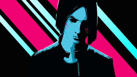 Sci-fi guy in a leather jacket with long black hair and a face lit by a deep light. Retro wave background with pink and blue stripes in 80s style.のイラスト素材