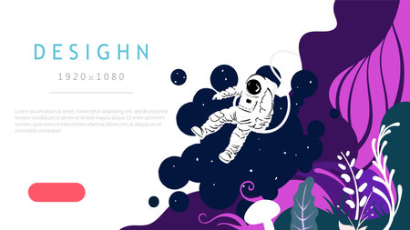 landing page web design, Abstract background with plants and flying in space astronaut. Isolated on white background.のイラスト素材