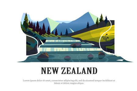 New Zealand landscape.Green fields, forests and the river flows from the snowy mountains.Isolated on white background illustration with modern design.のイラスト素材