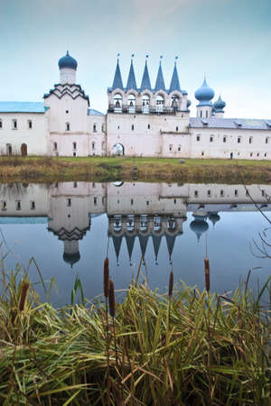 Russian orthodox Monastery reflecting in the lakeの写真素材