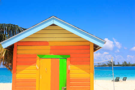 colorful wooden beach hut in the Bahamasの写真素材