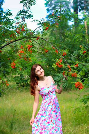young pretty woman and a rowan treeの写真素材